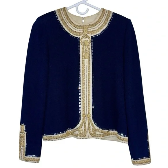 St John Evening Blue And Metallic Gold Embroidered Knit Sweater - Picture 1 of 16